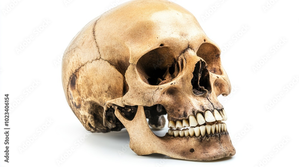 Isolated human skull with teeth on white background