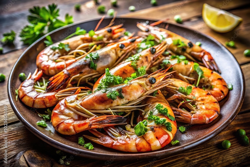 Grilled prawns with herbs on a plate in a restaurant Grilled prawns with herbs on a plate in a restaurant