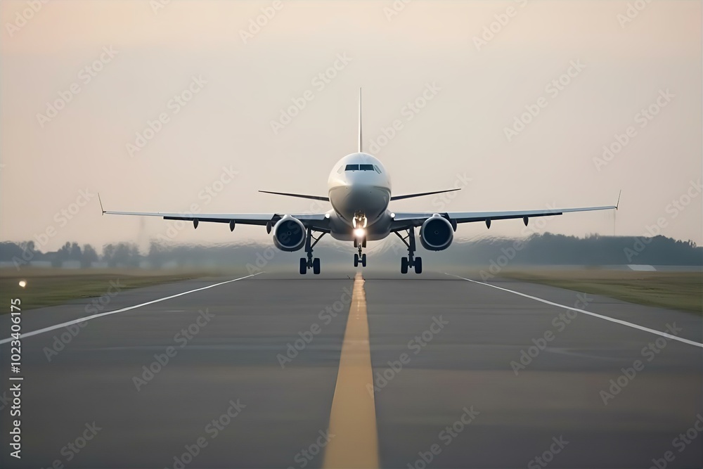 Naklejka premium Front View of a Passenger Airplane on the Runway, airplane nose, jetliner, airport, flight takeoff, travel, flying, 