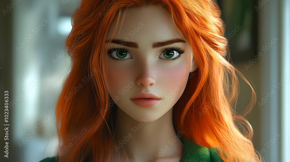 Digital Illustration of a Woman with Red Hair and Green Eyes