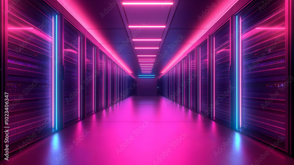 Fototapeta premium Neon Lights Server Room Corridor 3D Illustration