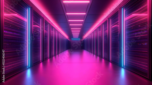 Neon Lights Server Room Corridor 3D Illustration