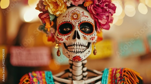 Vibrant skull adorned with flowers, celebrating life and death in a colorful Day of the Dead festival atmosphere.