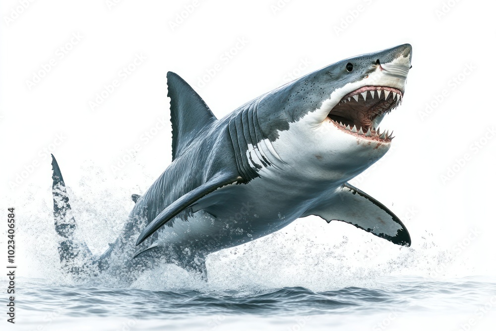 Naklejka premium Fierce Great White Shark Breaching Surface