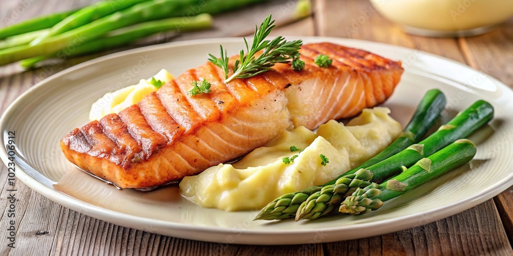 Grilled salmon steak with potato puree and asparagus on beige plate, close-up Grilled salmon steak with potato puree and asparagus on beige plate, close-up