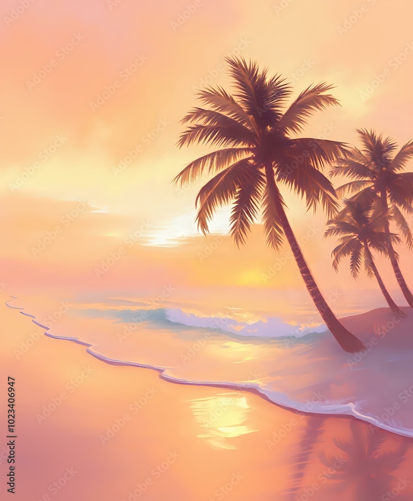 Fototapeta premium Serene Sunset Beach Scene with Palm Trees