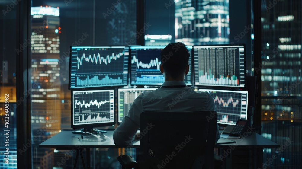 Working on a computer with multiple monitors with real-time charts of stocks, commodities and exchange markets. Businessman working at night in a downtown investment bank office. Working on a computer with multiple monitors with real-time charts of stocks, commodities and exchange markets. Businessman working at night in a downtown investment bank office.