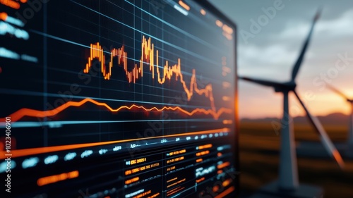 A financial advisor evaluating climate risk management strategies, surrounded by holographic weather data, financial graphs, and renewable energy infrastructure