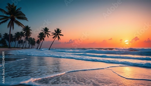 Serene Sunset Beach Scene with Palm Trees and Couple Walking - 16:9 Aspect Ratio
