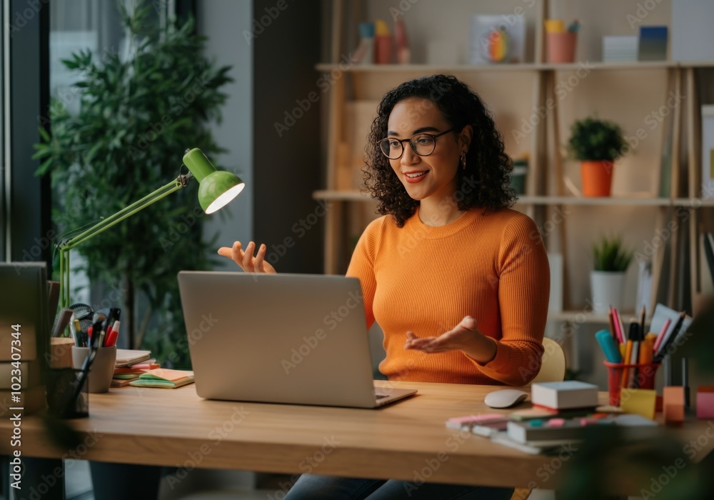 Woman in a Yellow Sweater Working on a Laptop at Her Desk Woman in a Yellow Sweater Working on a Laptop at Her Desk