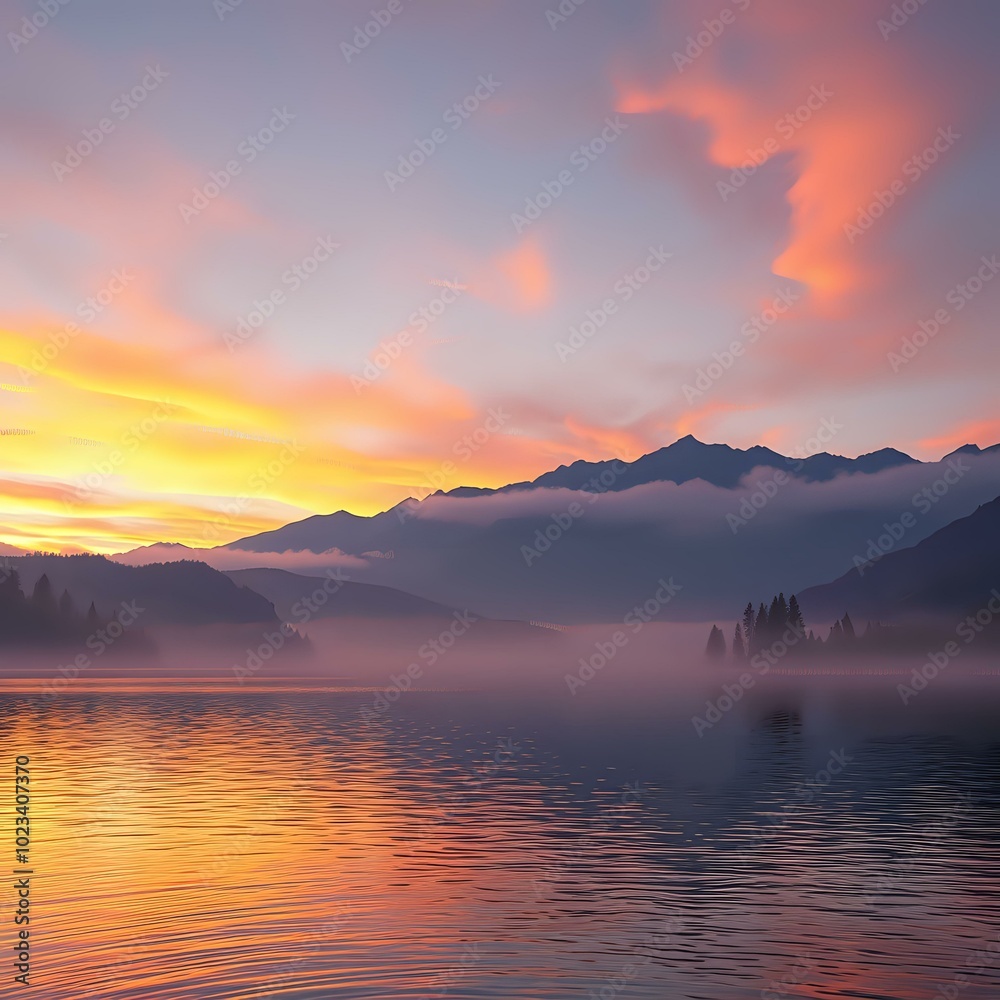 Breathtaking Mountain Lake Sunset Landscape with Silhouette Figure