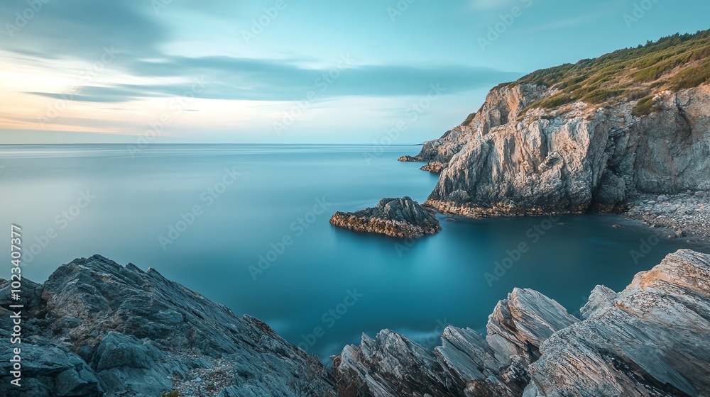 Fototapeta premium Serene coastal landscape with rocky cliffs