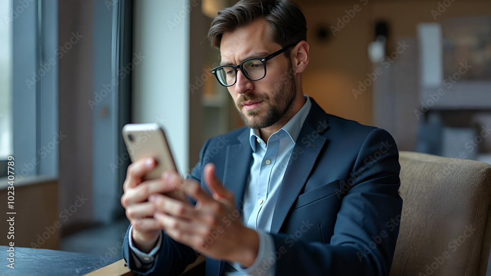 Focused Businessman in Video Conference via Mobile Phone Focused Businessman in Video Conference via Mobile Phone