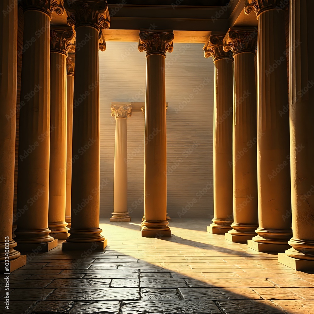 Fototapeta premium Majestic Architectural Hallway with Golden Columns in Natural Light