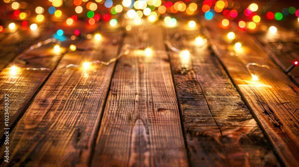 Warm Glow of Lights on Rustic Wooden Surface Warm Glow of Lights on Rustic Wooden Surface