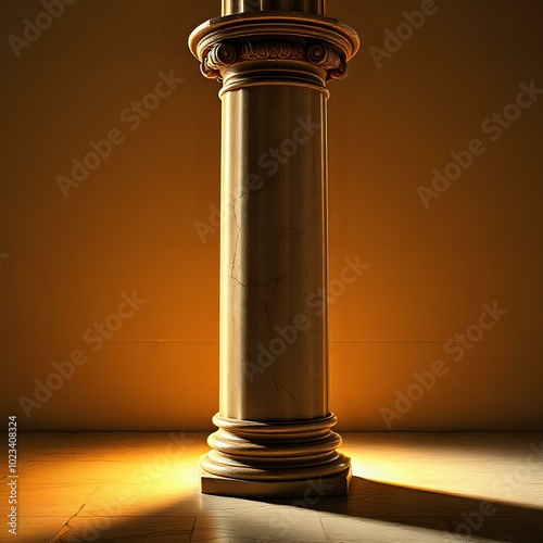 Isolated Golden Ornate Column with Intricate Designs in Dimly Lit Room photo