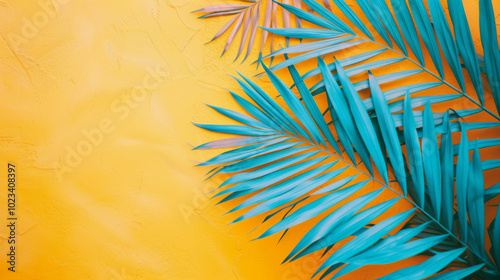 Colorful palm leaves on a yellow and pink background