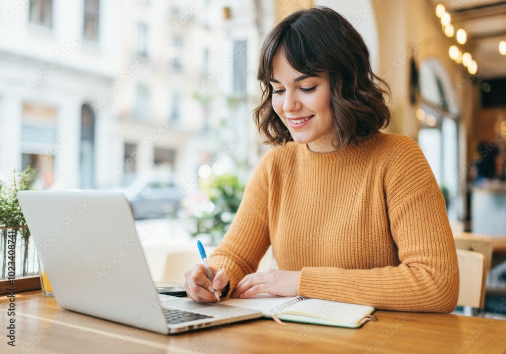 Woman Writing in Notebook with Laptop in Cafe Woman Writing in Notebook with Laptop in Cafe