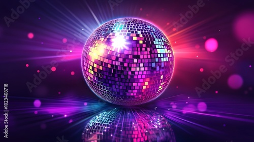 A neon rainbow disco ball glowing with vibrant colors on a black background