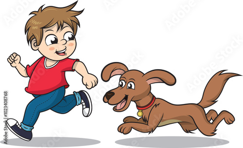 Niño corre junto a su mascota alegremente mientras juegan, ilustracion vectorial estilo cartoon.