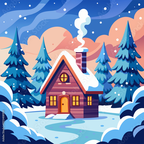 A cozy cabin nestled in a snowy forest, perfect for a winter wonderland escape. The warm glow of the windows and the wispy smoke from the chimney create a sense of peace and tranquility.