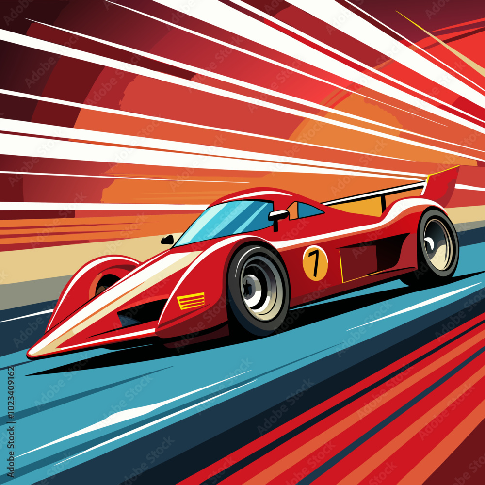 Obraz premium A vibrant, vector illustration of a sleek red race car speeding through a tunnel of light. The dynamic lines and bold colors evoke a sense of speed and excitement.