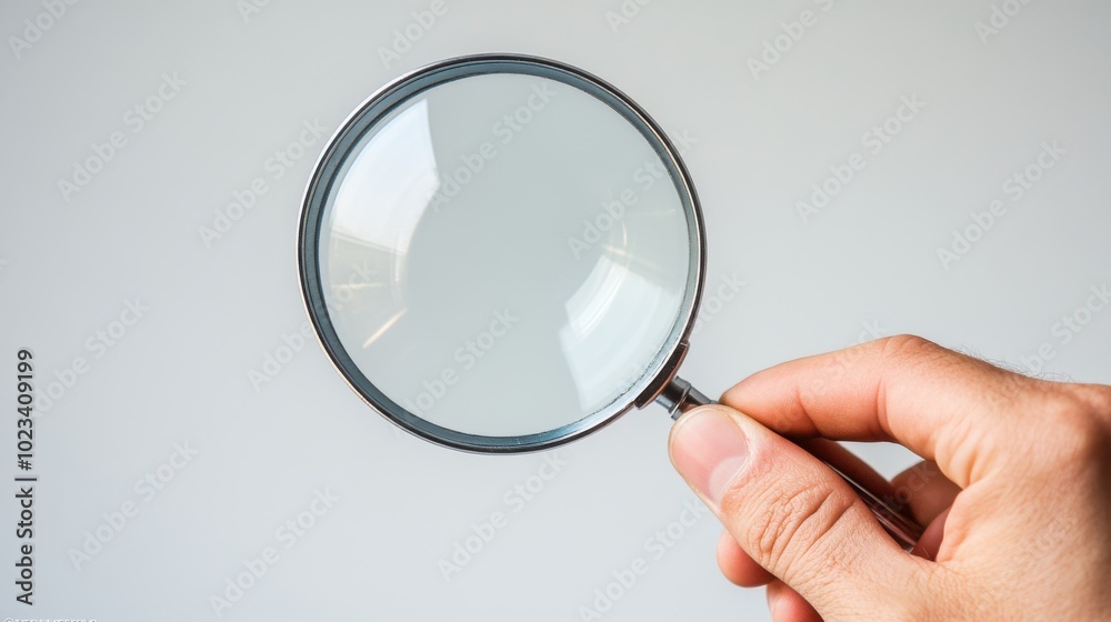 A hand firmly grips a magnifying glass, emphasizing its clear lens against a plain white background, symbolizing detailed observation and close scrutiny. A hand firmly grips a magnifying glass, emphasizing its clear lens against a plain white background, symbolizing detailed observation and close scrutiny.