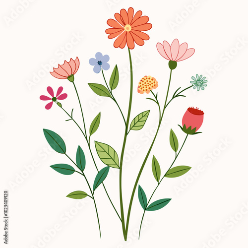 A delightful illustration of a vibrant bouquet of wildflowers, showcasing a variety of colorful blooms, perfect for adding a touch of nature to your projects.