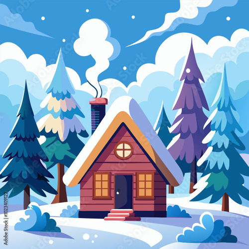 A charming illustration of a cozy cabin nestled amidst a snowy winter wonderland.  The cabin's warm glow invites you to escape the cold.