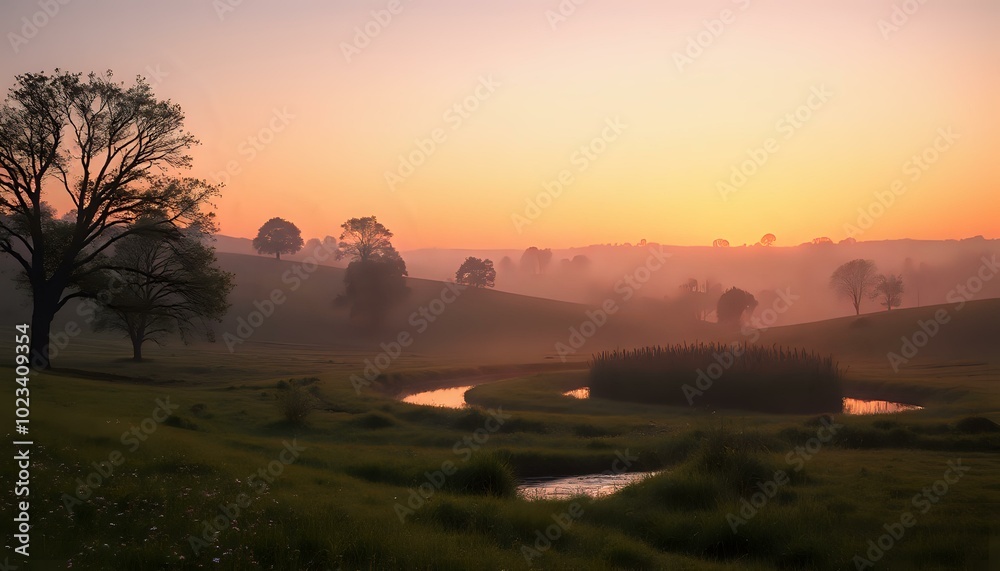 Peaceful Serene Sunset in a Lush Field with Pond and Trees Peaceful Serene Sunset in a Lush Field with Pond and Trees