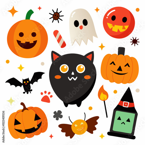 Cute and colorful Halloween illustrations perfect for festive decorations, social media, or any project needing a touch of spooky fun. The set includes pumpkins, ghosts, a black cat, bats.