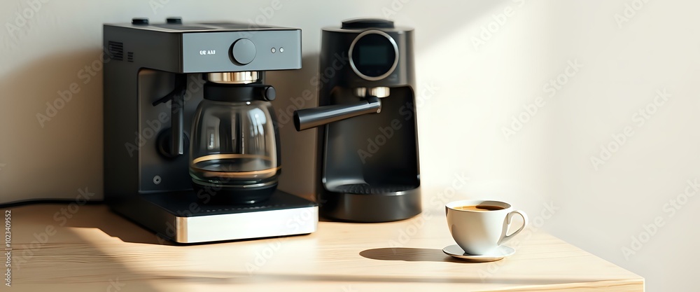 Modern Silver Coffee Maker with Digital Display and Glass Filter - 21:9 Aspect Ratio Modern Silver Coffee Maker with Digital Display and Glass Filter - 21:9 Aspect Ratio
