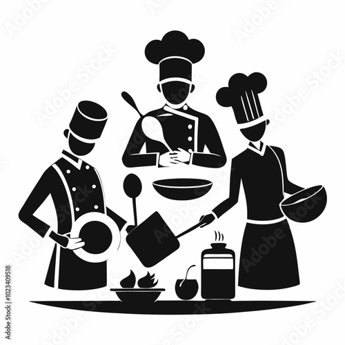 A black and white illustration of three chefs, representing a team of cooks working together in the kitchen, showcasing unity and skill in creating delicious dishes.