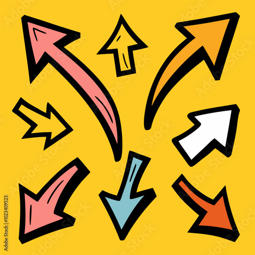 A vibrant collection of hand-drawn arrows pointing in various directions.  These playful arrows are perfect for adding a touch of whimsy to your designs, presentations, or social media graphics.
