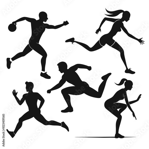 Silhouettes of five athletes in different sports positions, showcasing the dynamism and grace of movement. This illustration is perfect for sports-themed projects, designs, or social media content.