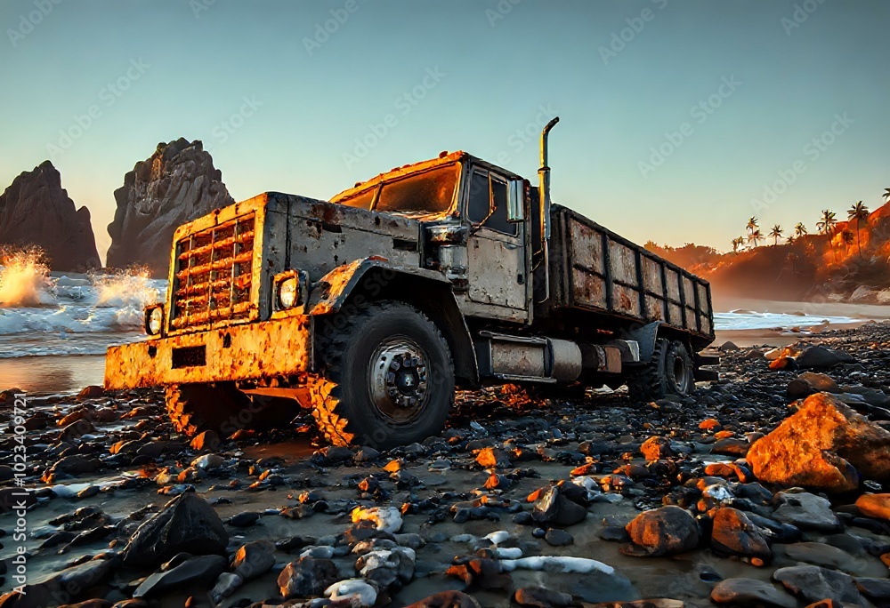 Rustic Abandoned Truck on Rocky Beach at Sunset Rustic Abandoned Truck on Rocky Beach at Sunset