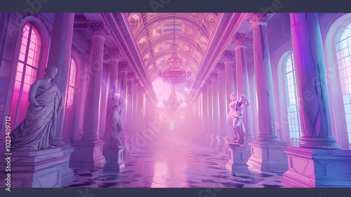 Digital Versailles corridor, neon-traced baroque paintings, holographic chandeliers, marble statues wearing virtual reality headsets, retrowave purple horizon, Windows 95 error message overlays