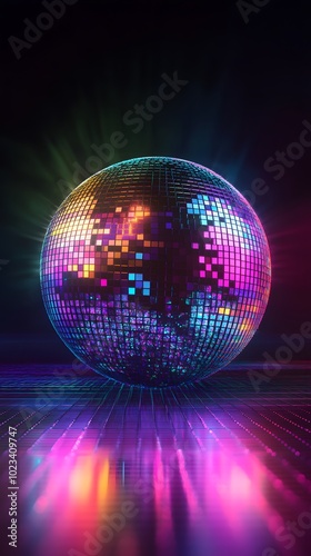 A neon rainbow disco ball glowing with vibrant colors on a black background