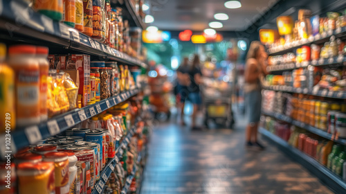 Shopping for essential supplies in grocery store aisle filled with products photo