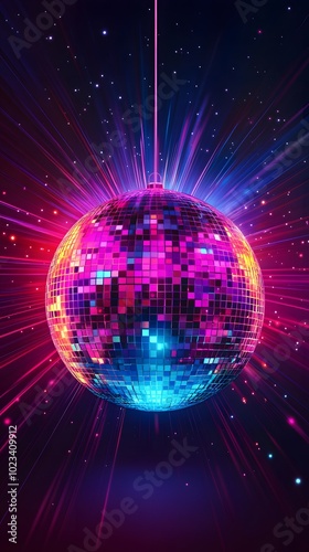A neon rainbow disco ball glowing with vibrant colors on a black background