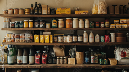 Stocked shelves filled with various goods, supplies, and pantry items