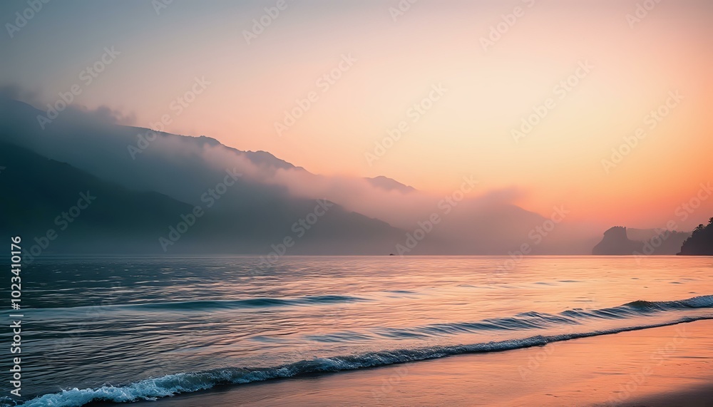Fototapeta premium Sunset Over Mountainous Landscape with Golden Beach - Calm Sea Reflection