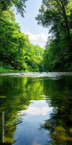 A serene image of a peaceful river flowing through a lush green forest