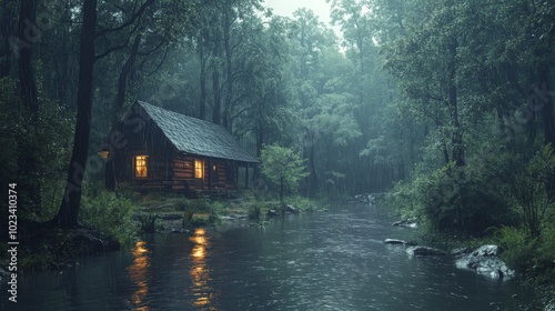 landscape of a cabin in the forest with rain weather