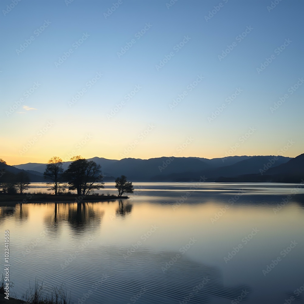 Naklejka premium Serene Lake Sunset Reflections: Mountains and Trees in Distance