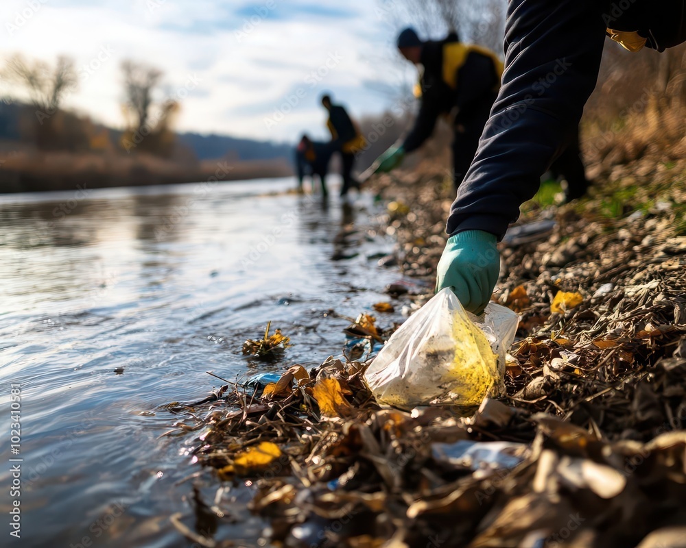 Obraz premium A group of volunteers is picking up plastic waste from a river. This image is perfect for illustrating the importance of environmental protection and sustainability