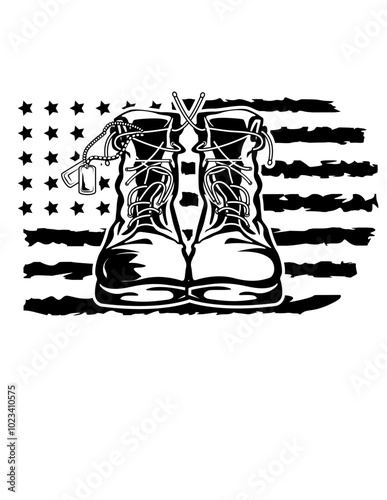 US Combat Boots | Protective Equipment | Military Boots | US Army | Distress US Flag | Military Gear | War Equipment | Veterans Boots | Original Illustration | Vector and Clipart | Cutfile and Stencil