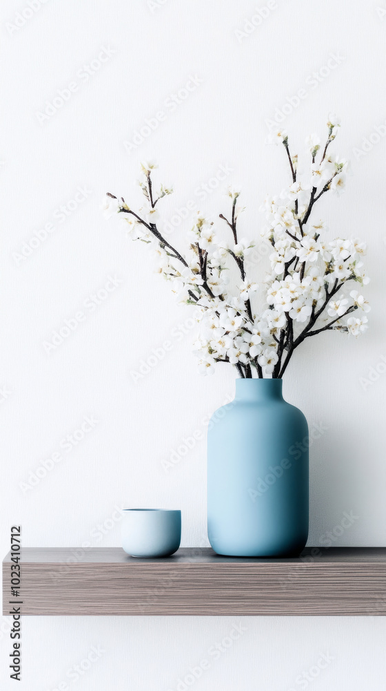 White blossoms in a blue vase on a wooden shelf. White blossoms in a blue vase on a wooden shelf.