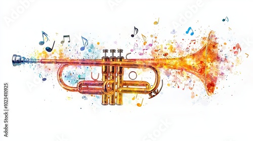 A golden trumpet surrounded by a cascade of lively musical notes, symbolizing joyous sound, artistic expression, creativity, and vibrant musical celebration.