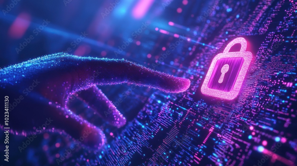 Glittering hand reaching out to a secure digital lock Glittering hand reaching out to a secure digital lock